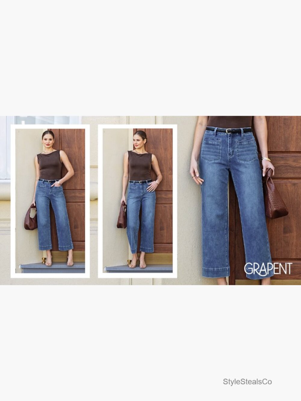 High Waist Wide Leg Cropped Jeans Stretch Denim Patch Pocket Straight Leg - Picture 7 of 7